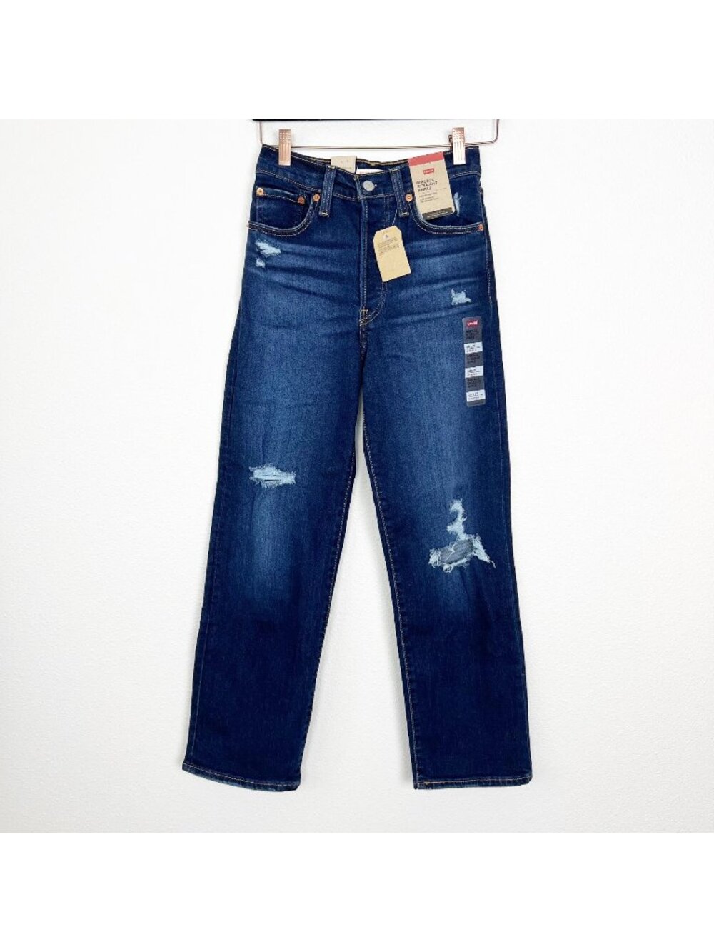 Levi's Ribcage Straight Ankle Jeans Distressed Dark Wash High Rise Womens 24